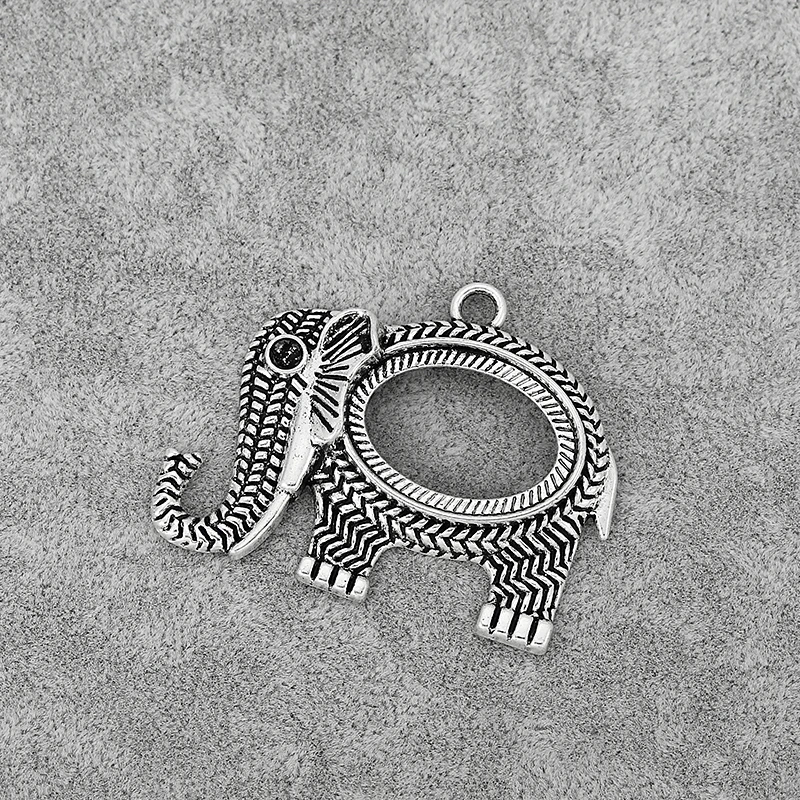 8PCS Tibetan Silver Large Hollow Elephant Ripple Charms Pendants Blank Cameo Cabochon Setting for DIY Jewelry Necklace Making