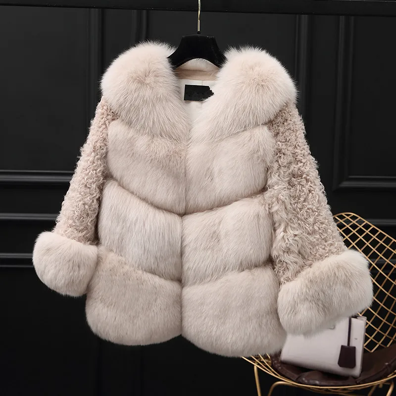 Real Fox Fur Coat Autumn Winter Coat Women Lamb Fur Sleeve Korean Coats and Jackets Women Vintage Jacket Chaqueta Mujer MY1040