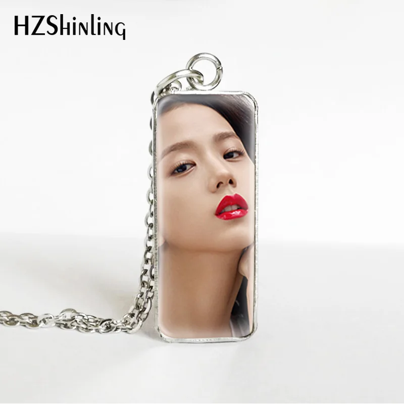 Hot Kpop Group Blackpink Lisa Rose Jennie Jisoo Rectangle Necklace Glass Cabochon Pendant Rectangle Necklace Jewelry Gifts
