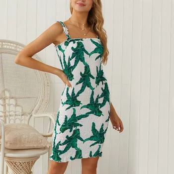 

Print Casual Dress Women Summer Strapless Middle Waist Halter Sleeveless Slim Mid-Length