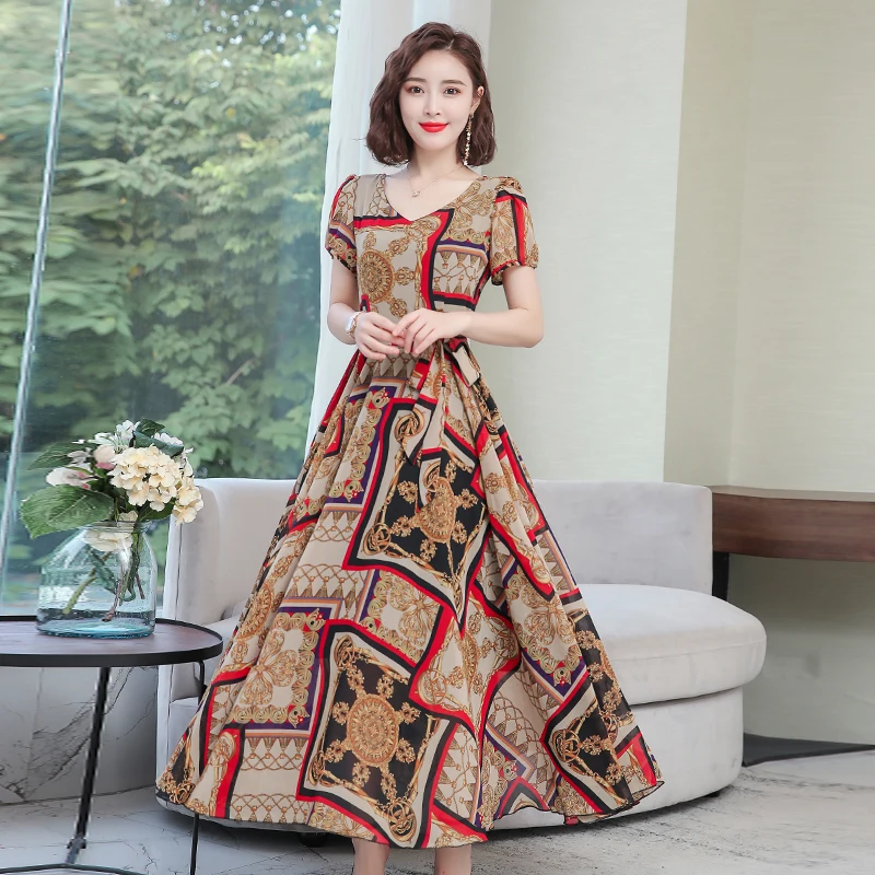 

The new spring and summer han edition cultivate one's morality fashion chiffon dress female big code printed v-neck dress scene
