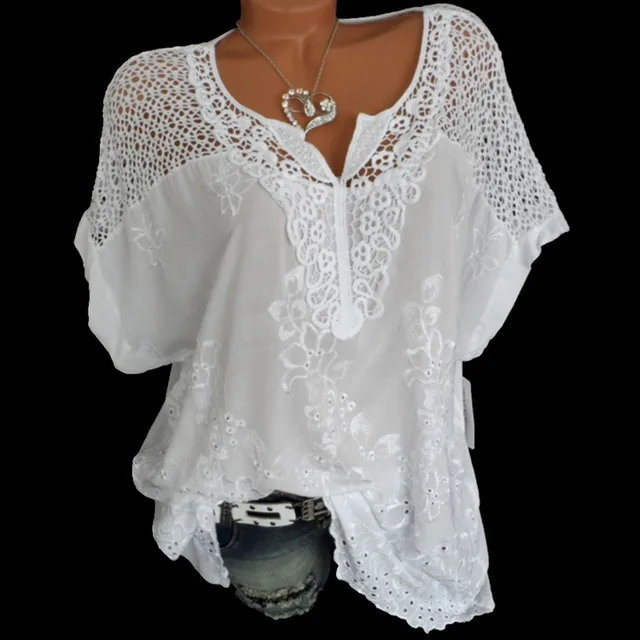 US $13.11 4XL Women's Lace Blouses Sexy V Neck Short Sleeve Embroidered Batwing Loose Shirt Summer White Tops