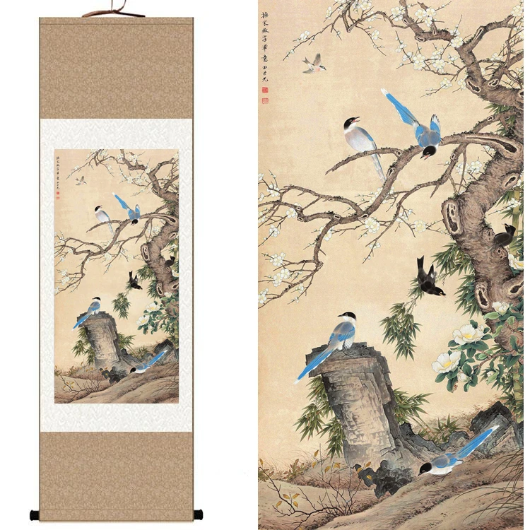 

Chinese Silk watercolor flower and birds Camellia plum bamboo ink feng shui canvas wall picture damask framed scroll painting