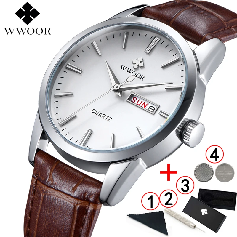 

Brand Luxury Men's Watch Date Day Genuine Leather Strap Sport Watches Male Casual Quartz Watch Men Wristwatch Famous WWOOR Clock