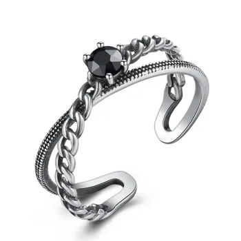 

2019 Europe and America Vintage S925 Thai silver ring female black AAA zircon for Woman Fine jewelry