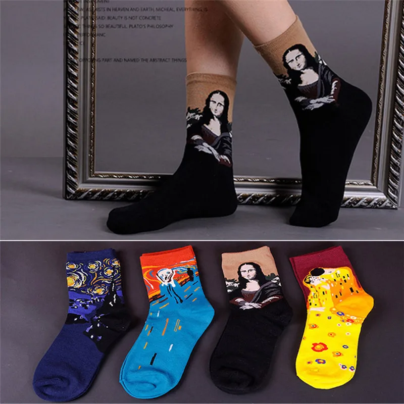 

Hot sale! women's cotton socks 4 pairs/lot autumn-winter colorful cartoon sock lady and women famous painting art socks girl