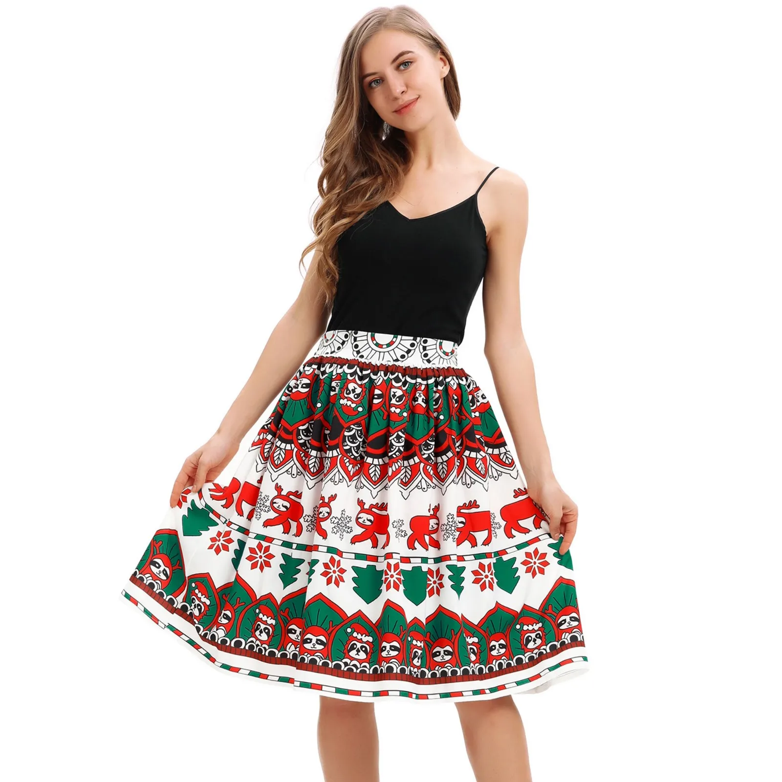 

JAYCOSIN Women Casual Christmas Santa Flare Elastic High Waist Cosplay Ball Gown Skirt Polyester Knee-Length Party Skirt May 20