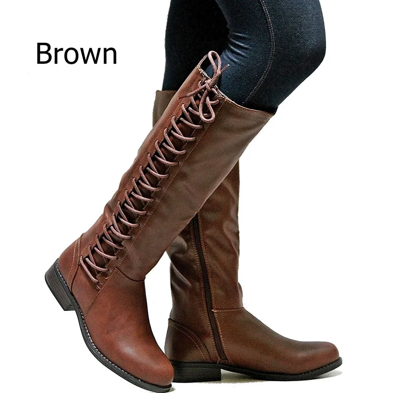 Fashion High Boots Women Sexy Knee-high Boots Lace Up Shoes Woman Flat Heel Winter Boots Motocycle Boots Female Botas Mujer