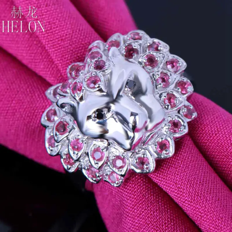 HELON 3D лев лицо 0.8ct подлинные рубины и черные бриллианты кольцо из стерлингового серебра 925 обручальное свадебное кольцо вечерние ювелирные изделия