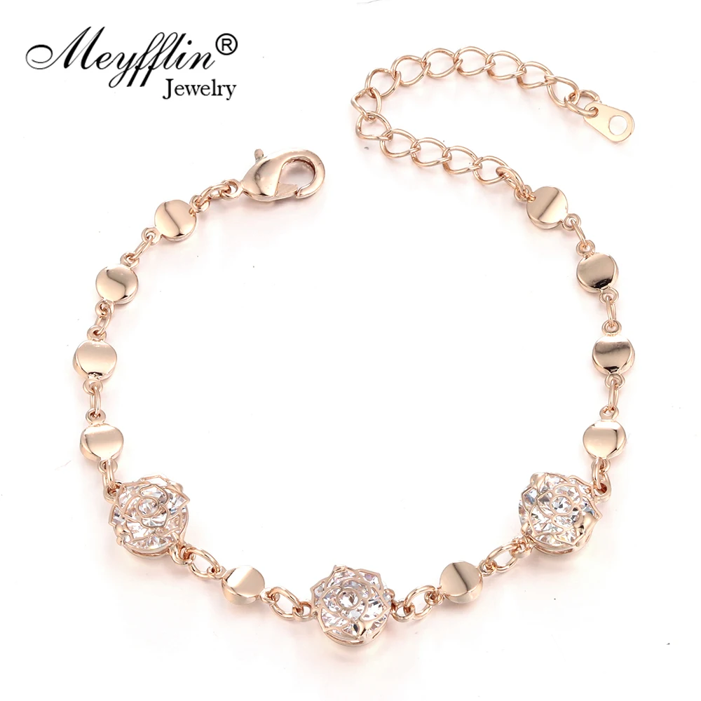 Meyfflin Fashion Zirconia Flower Bracelets for Women Crystal Charm &amp Bangles Female Gold Color Chain Pulseras Jewelry | Украшения и