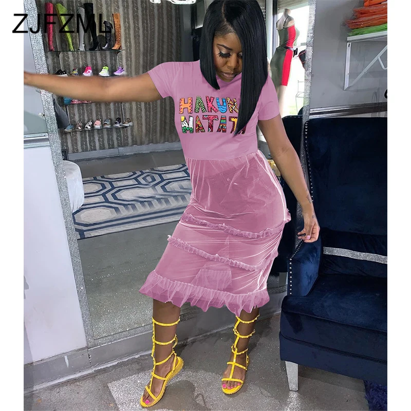 

Sheer Mesh Ruffles Patchwork Bandage Dress Women Colorful Letter Print See Through Dress Summer O Neck Short Sleeve Beach Dress