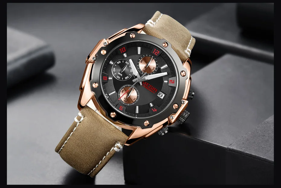 MEGIR, креативные спортивные часы для мужчин, Relogio Masculino, Модные кварцевые наручные часы с хронографом, часы, часы с кожаным ремешком, военные армейские часы