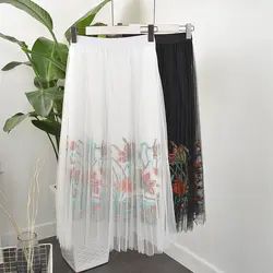 Винтаж длинные юбки для дам пляж черный Floral Embroidered Mesh юбка в стиле бохо Для женщин Наложение линии юбка миди