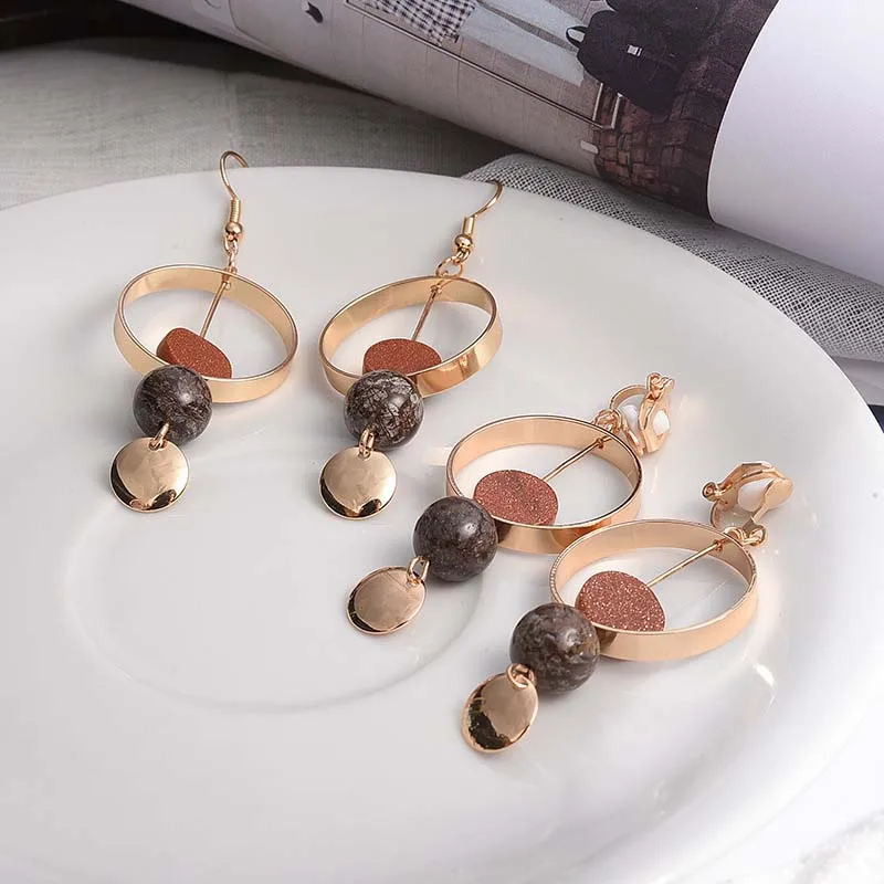 Модные золотые серьги клипсы большие круглые бусины Howllo из натурального камня с