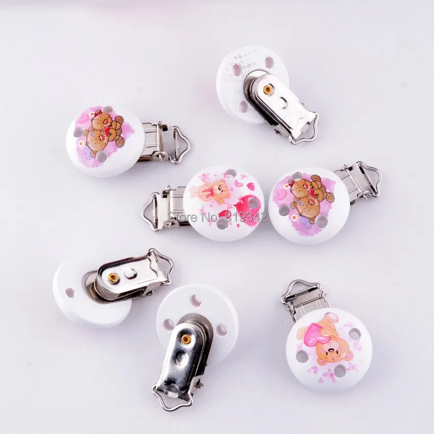 

10 Baby Pacifier Clips Mixed Pattern Lovely Bear White Wood Metal Holders Cute Infant Soother Clasps Funny Accessories 4.4x2.9cm