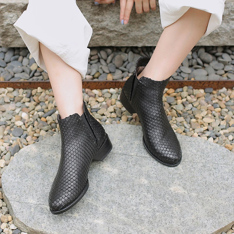 ISNOM Emboss Cow Leather Boots Women Ankle Chelsea Boot Round Toe Shoes Female Thick Heels Shoes Ladies Shoes Winter New