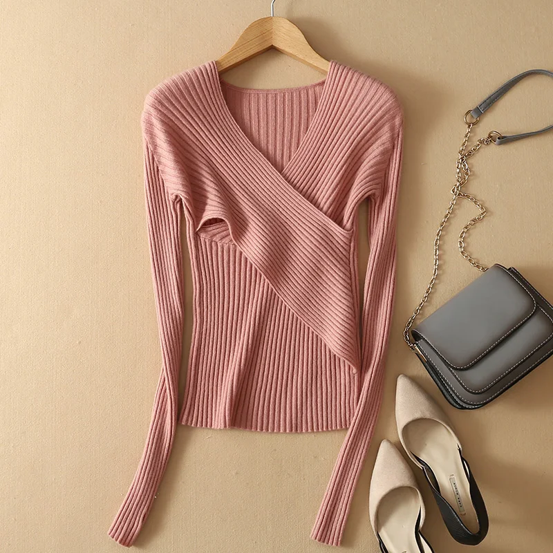 Sexy V neck Cashmere sweater cross knitting sweater Women elegant long sleeve pullover female winter Autumn casual jumper Sweaters