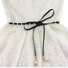 Girls Long BLUE Leather Dress Belt Woman Female BLACK Tassels Necklace bracelet Cute Pearl Strap Belt Pearl Jewelry Woman