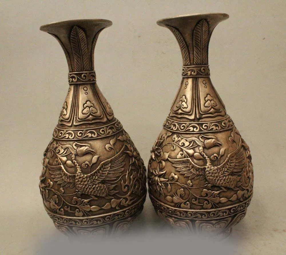 

11" Marked China Chinese Dynasty Palace Silver Phoenix Flower Statue Vase Pot