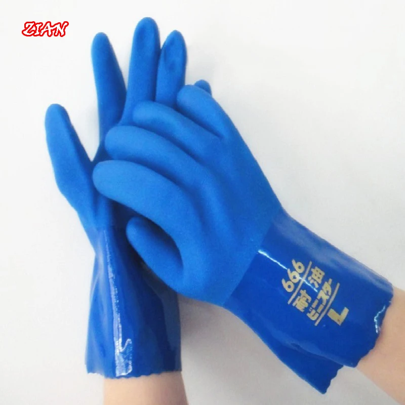 ПВХ резиновые маслостойкие перчатки кислота и щелочь устойчивые 1 пара синяя подкладка хлопок промышленные защитные перчатки
