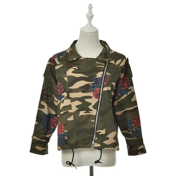 

1PCS Women Jackets Autumn Winter Army Green Camouflage Floral Printed Zipper Jeans Coats For Woman New Arrival