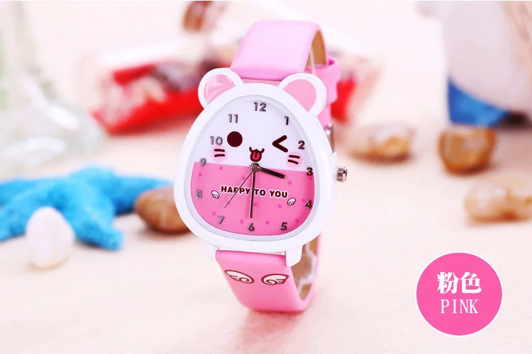 Детские часы детские Студенческие Кварцевые часы для девочек милые красочные кожаные часы подарок на день рождения Детские часы для девочек и мальчиков kol saati - Цвет: Розовый