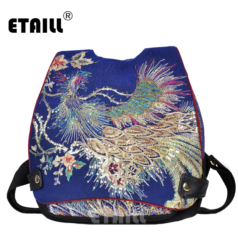 

ETAILL High Quality Sequins Phoenix Ethnic Backpack Embroidered Floral Canvas Backpacks for Women Large Flap Back Bag Rucksack