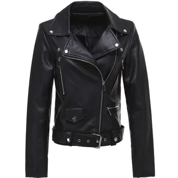 

Woman Autumn Spring Black Faux Leather Jackets Zipper Basic Coats Turn-Down Collar Biker Jacket With Blet 2019 Chaquetas Mujer