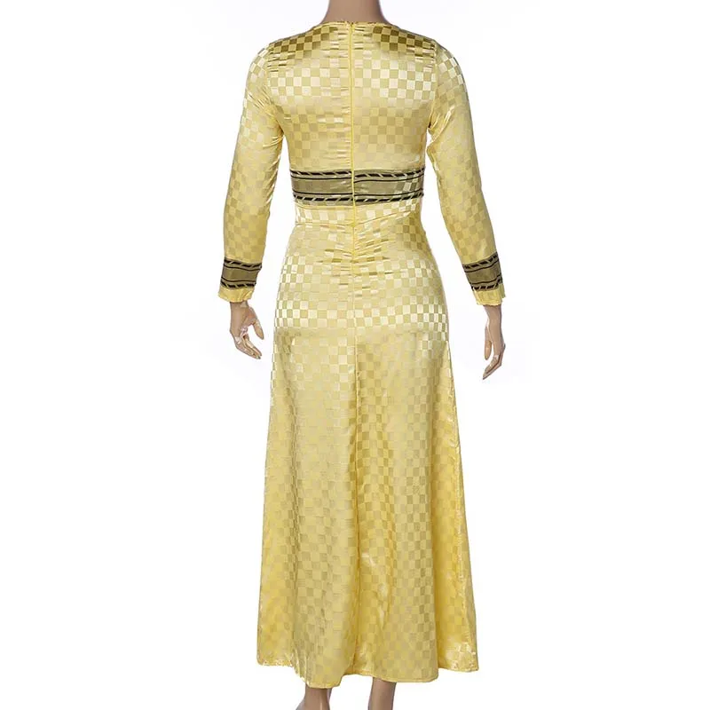 Африканская одежда, женское Модное Длинное Платье с круглым вырезом и длинным рукавом, приталенное платье с высокой талией, желтое традиционное платье, Лидер продаж