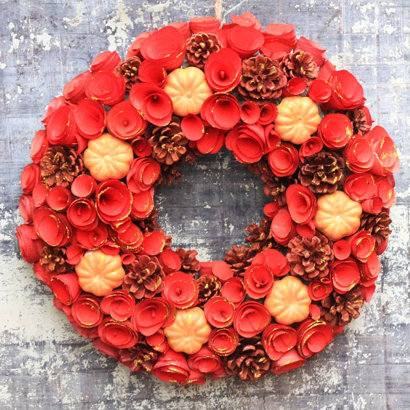 

D14.9" Wood Pinecones Wreath for Fall Harvest Door Wreaths Natural Stuff Pumpkin Autumn Thanksgiving Day Home Decoration Supply
