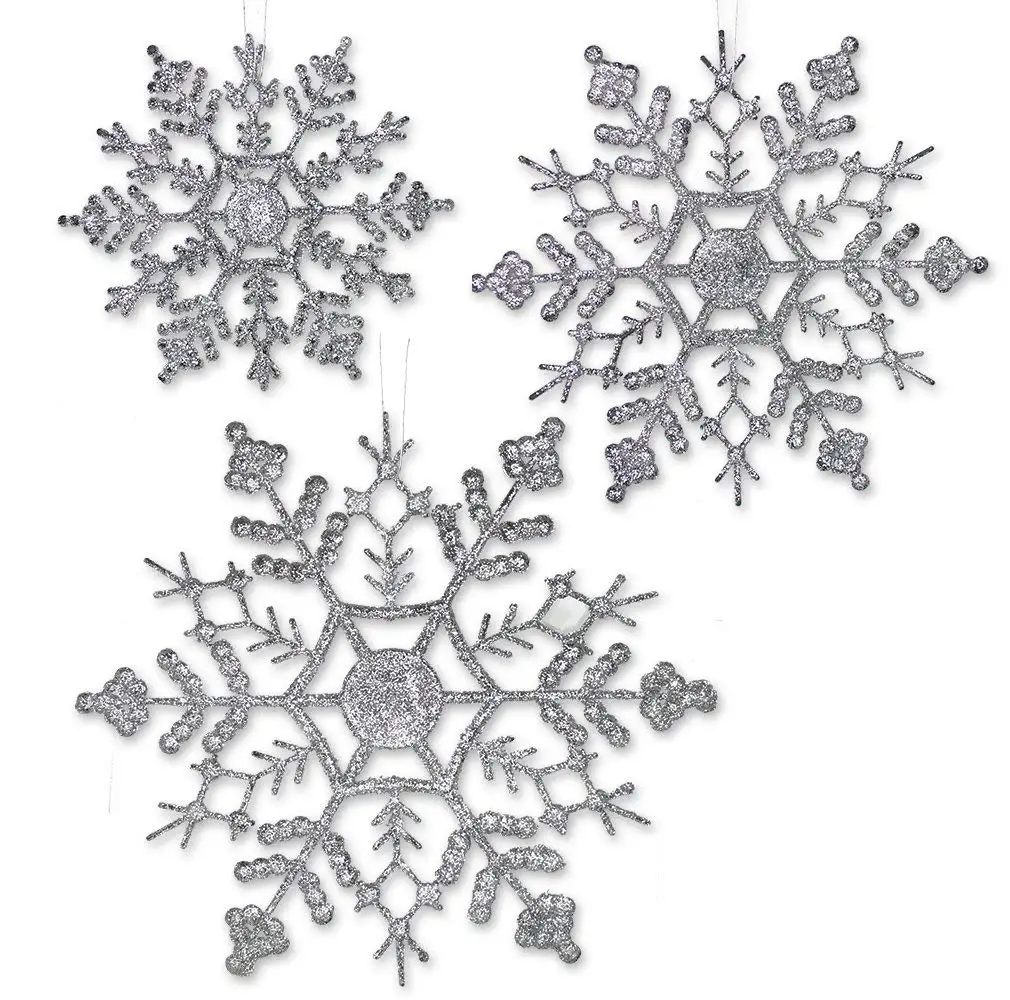 36pcs NEW Silver Glitter Snowflakes 36 Assorted Sized Snowflake