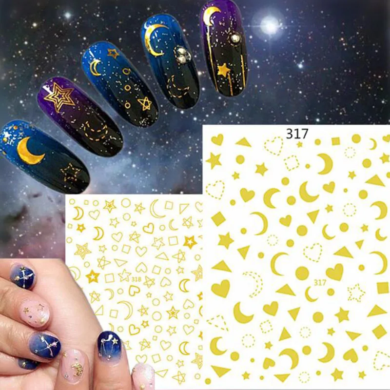 3D Звездные маникюрные наклейки s полые геометрические лазерные наклейки для дизайна ногтей, клейкие слайдеры, стикеры для дизайна ногтей, лунные Стикеры