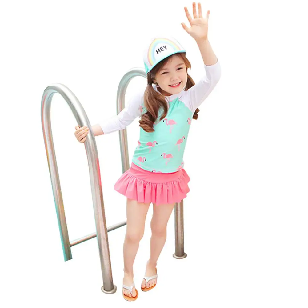 Kidlove/топы с длинными рукавами для маленьких девочек; юбки; комплект из двух предметов; купальный костюм с милым фламинго - Цвет: pink