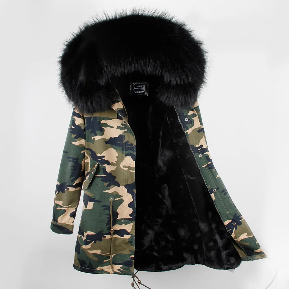 Зимнее пальто Женская длинная модная теплая куртка в европейском стиле парка с капюшоном и воротником из натурального меха енота съемная меховая подкладка - Цвет: Camo parka black fur