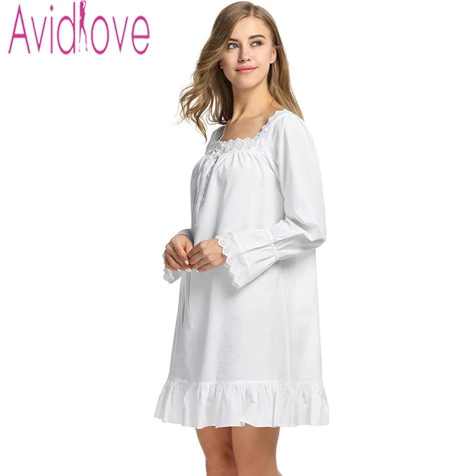 Avidlove Women White Sleep Dress Cotton Long Sleeve Nightgown Sexy 