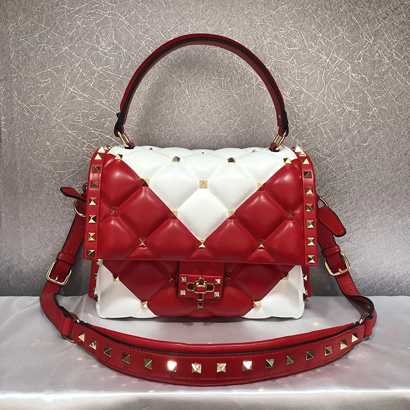 

Women's Bag 2019 Spring Summer New Fashion Hit Color Handbags Famous Brand Genuine Leather Messenger Bags Big Golden Rivet Bag