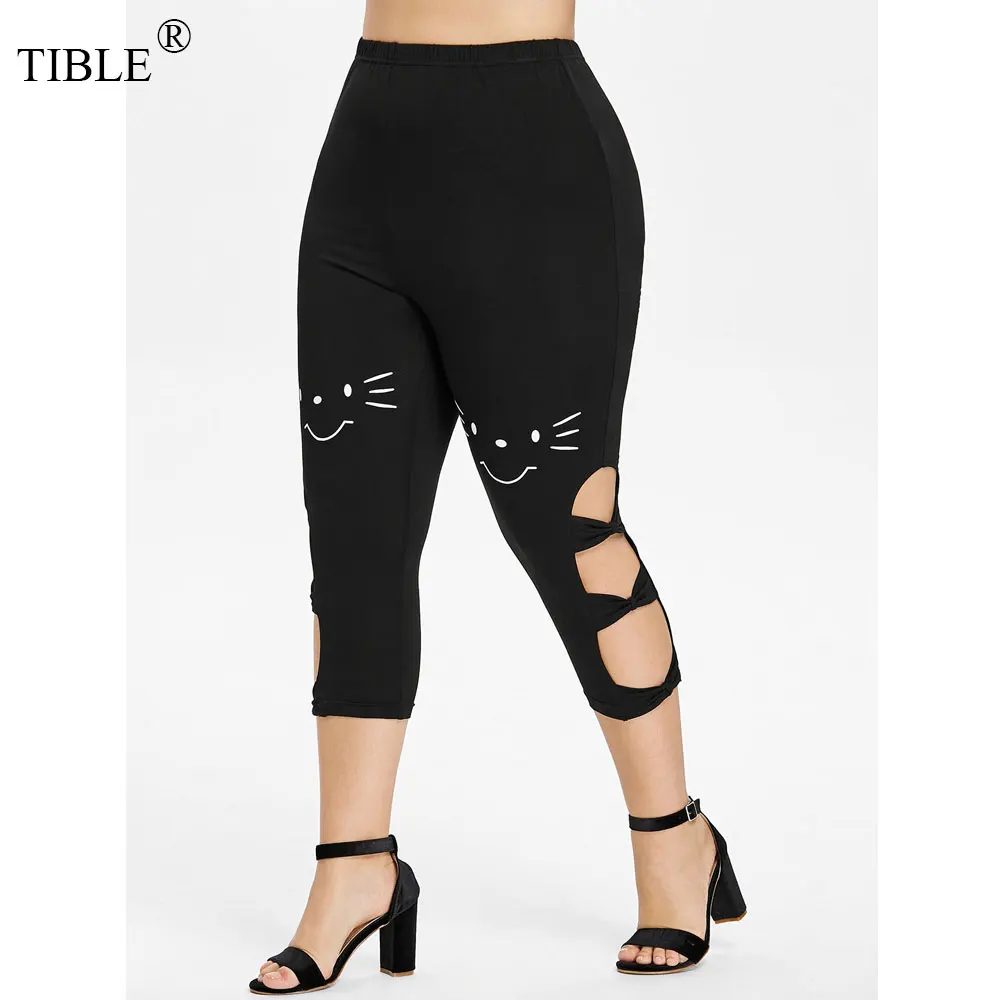 TIBLE Women Plus Size Leggings Side Bow Cut Capri Legging Black Elastic