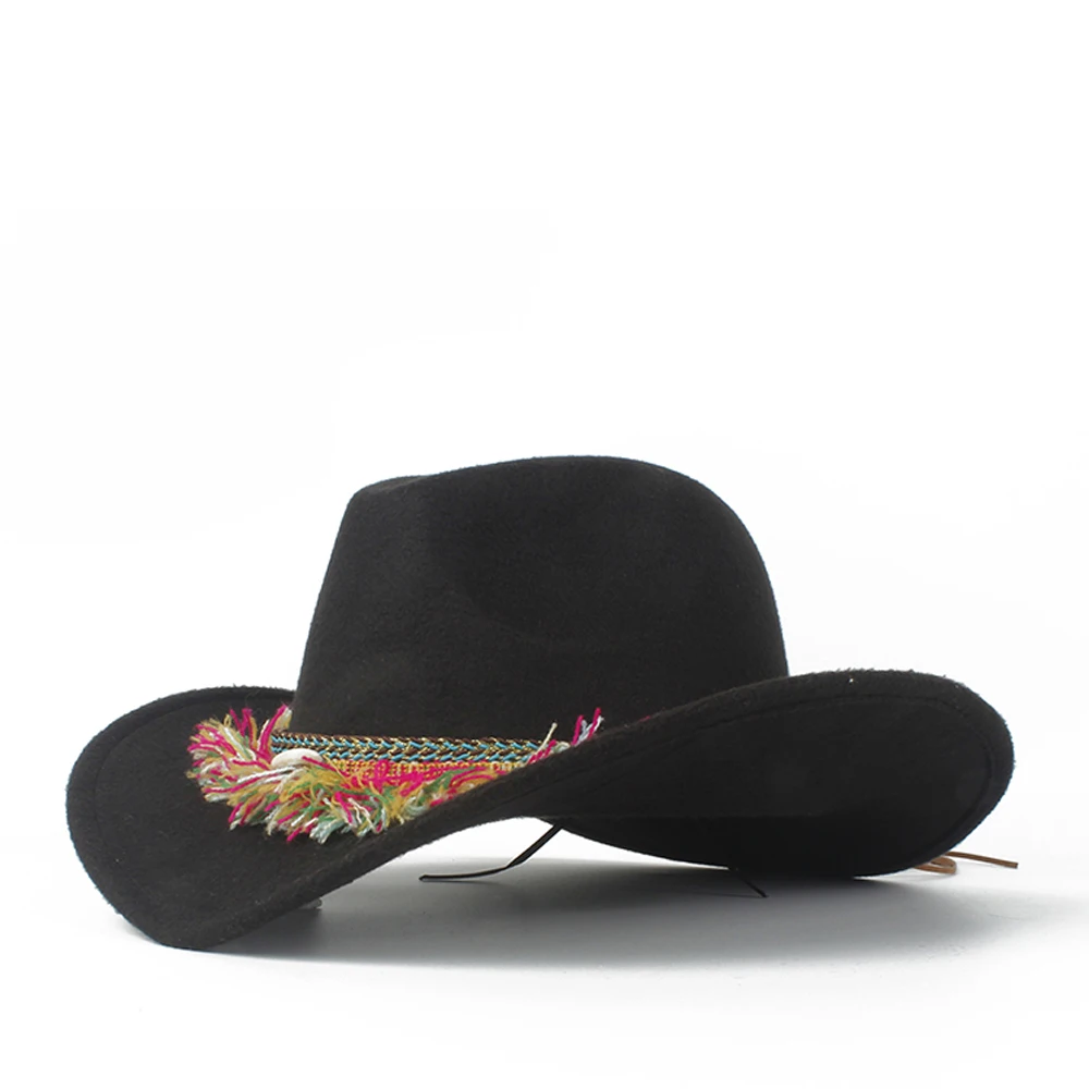 Женская шерстяная ковбойская шляпа Sombrero Hombre Черная кепка с кисточками размер 56 58