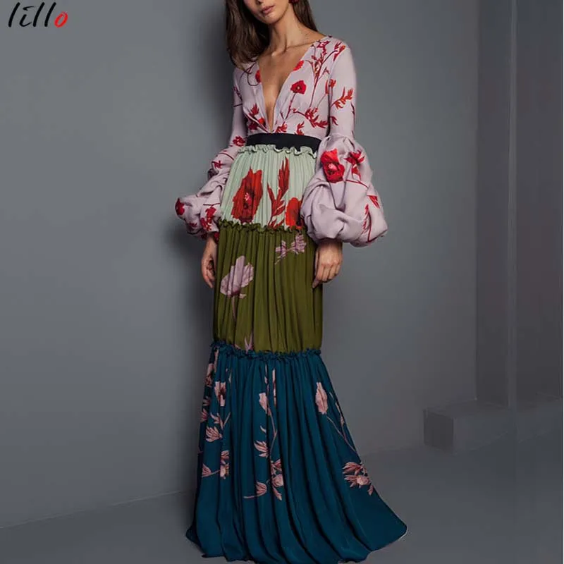 

Vintage Women's Dress Draped Patchwork Summer Fashion Party Dress Unique Design Elegant Temperament Lantern Sleeve deep V sexy