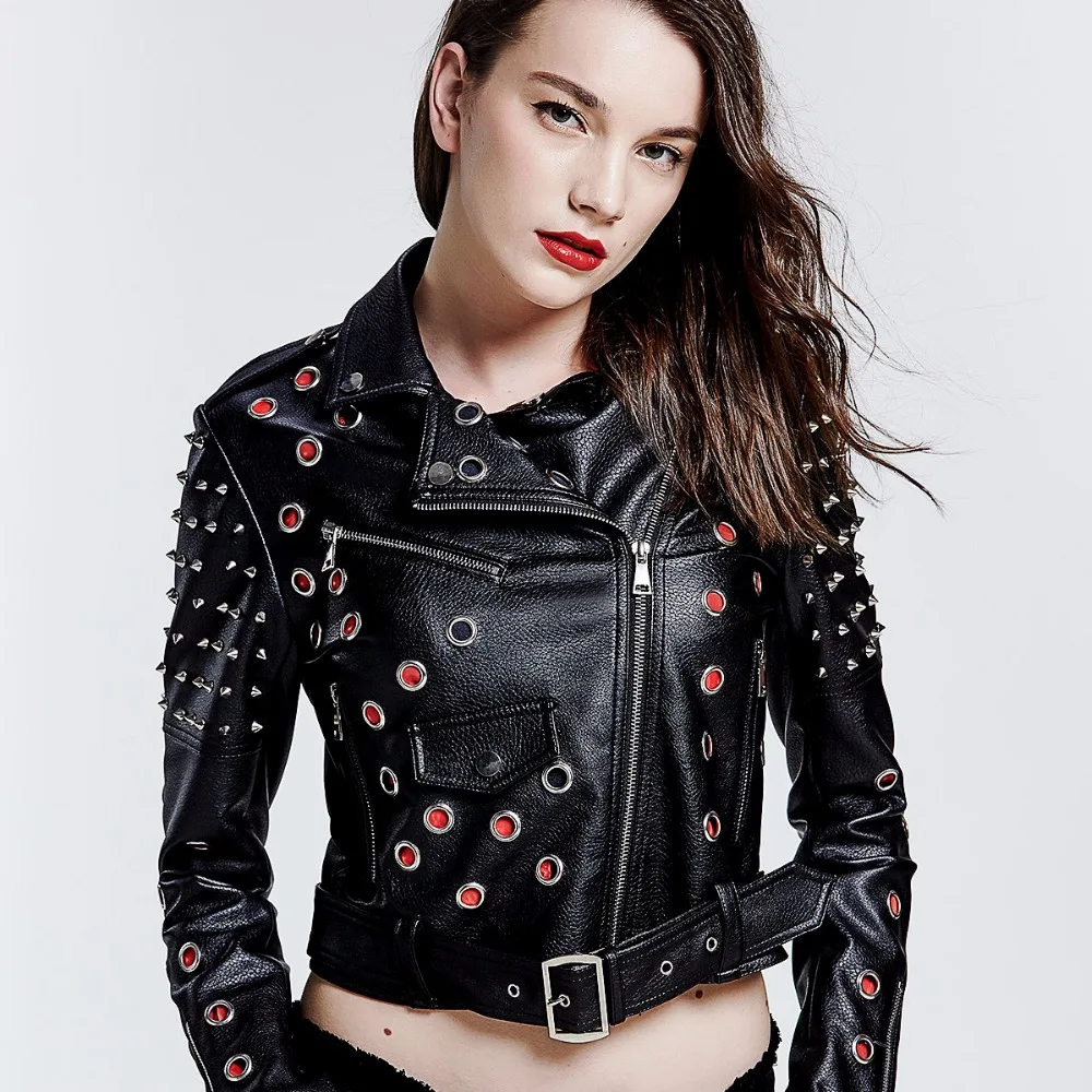 Women's punk RIVETS STUDDED Motorcycle PU Leather Spike Jacket autumn