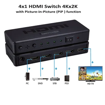 

HDMI Switch 4x1 HDMI Switcher PIP Converter Adapter Support 4Kx2K 30Hz with Picture-In-Picture Function Plastic USB Cable