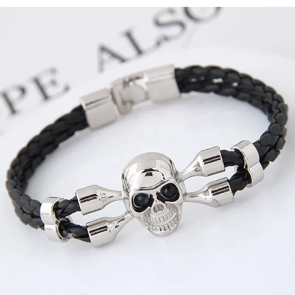 Skull Leather Bracelet For Men Biker Zinc Alloy Skull Leather Bracelet For Men Biker Zinc Alloy With Pattern Sold Per Rox 7 87 Inch Strand In Chain Link Bracelets From
