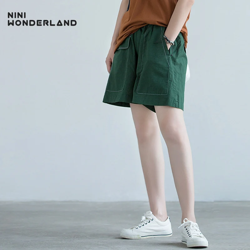 

NINI WONDERLAND Hot Summer Casual Shorts Women Loose Shorts With Pocket Girl Solid Linen Cotton Elastic Waist Large Size Female