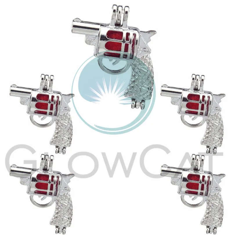 5pcs Silver Color Handgun Oyster Pearl Cage Lockets Charms Perfume Essential Oil Diffuser Pendant Jewelry | Украшения и