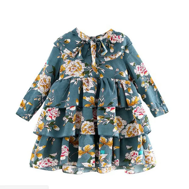 Amya Baby Girl Long sleeve Dress Floral Bow Layered Girls Autumn Dress
