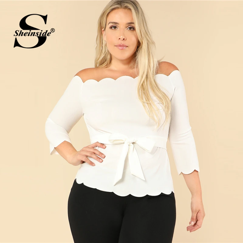 Sheinside Off the Shoulder Plus Size Beige Workwear Top Stretchy Petal Sleeve Belted Women Elegant Autumn Blouse