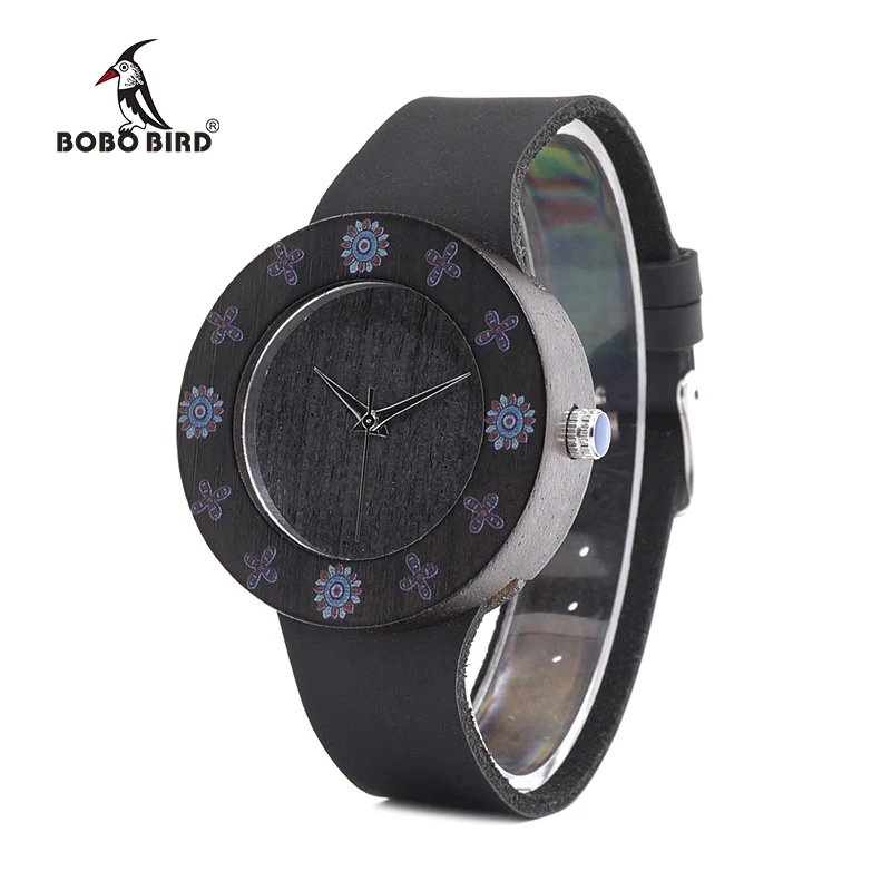 BOBO BIRD CbD25 Womens Ebony Vintage Round Wood Watch Leather Strap Ladies Bamboo Wood Watches Customize Watch for Men