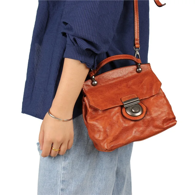 

Vintage Style Woman Small Purse Genuine Leather Metal Lock Closure Female Handbag Real Soft Cow Skin OL Lady Cross Shoulder Bag