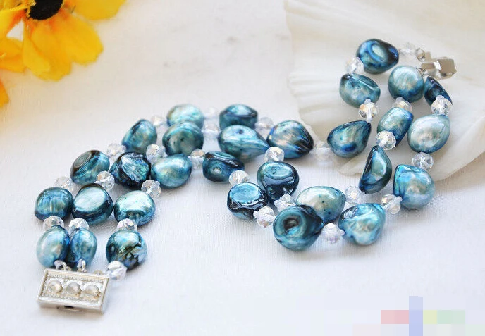 

0872 3row 8" blue baroque pearl faceted crystal bracelet