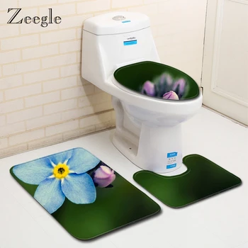 

Zeegle Flower Pattern Bath Mat Set Absorbent Toilet Floor Mat Non-slip Bathroom Rug Toilet Cover Shower Room Bath Rug
